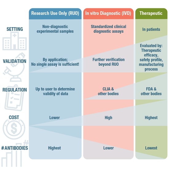 Validation criteria for diagnostic, therapeutic, and RUO Antibodies